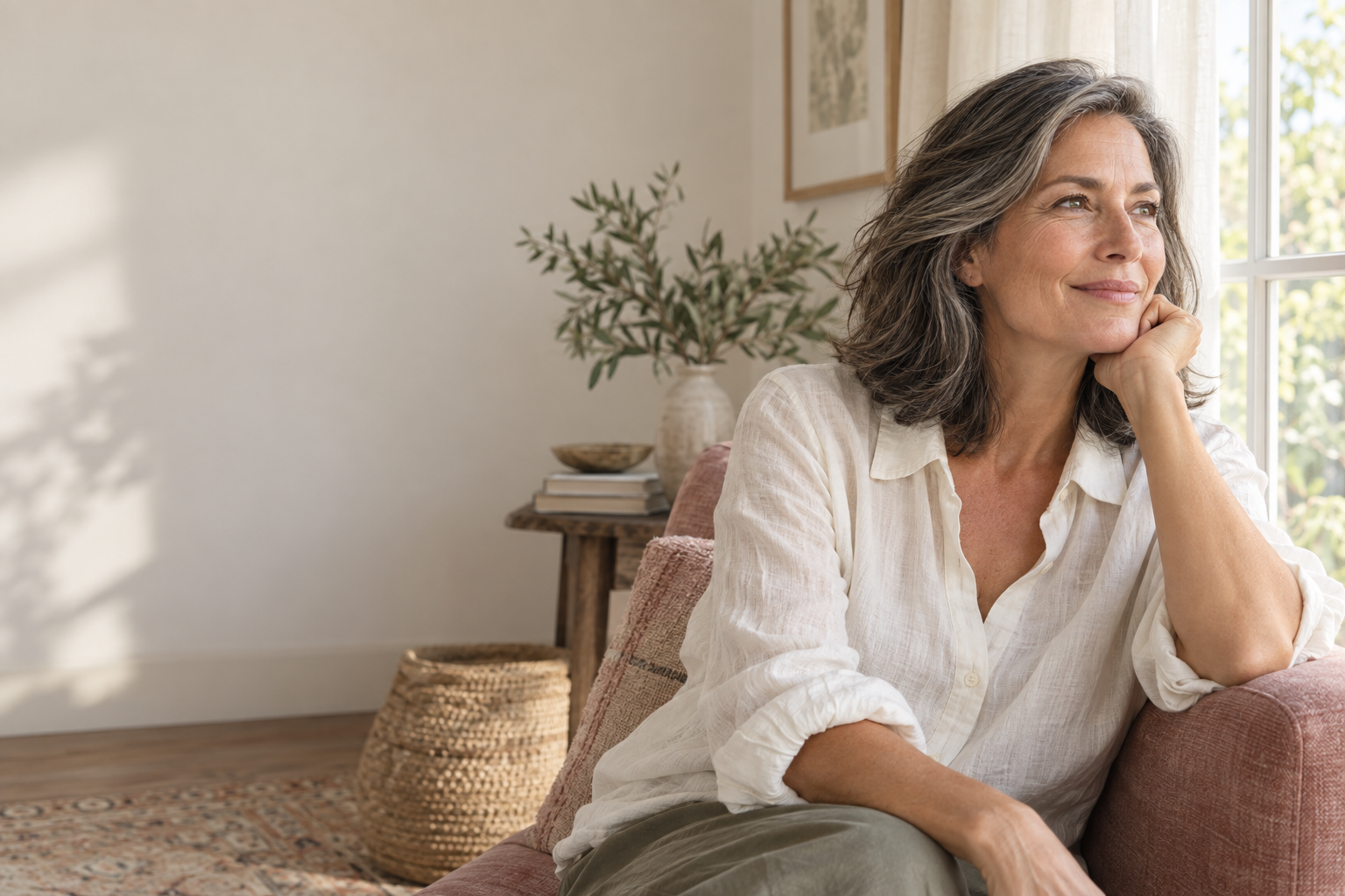 A relaxed woman enjoying a quiet moment in a sunlit room