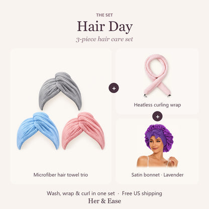 Hair Day set with lavender satin bonnet