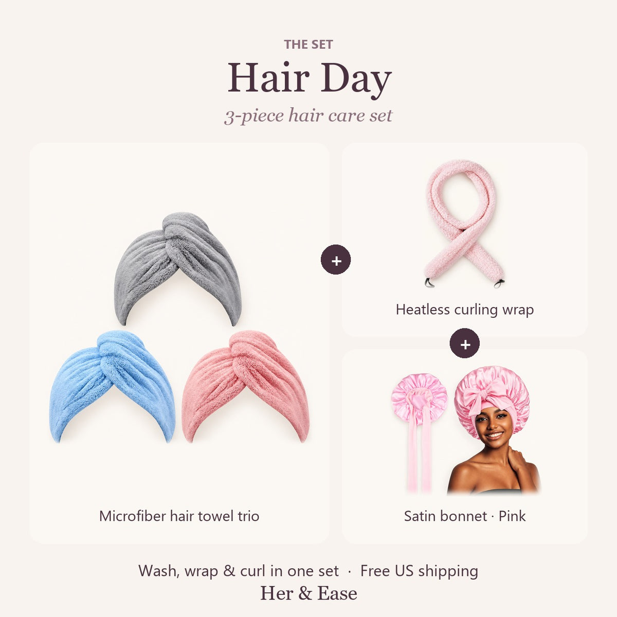 Hair Day set with pink satin bonnet