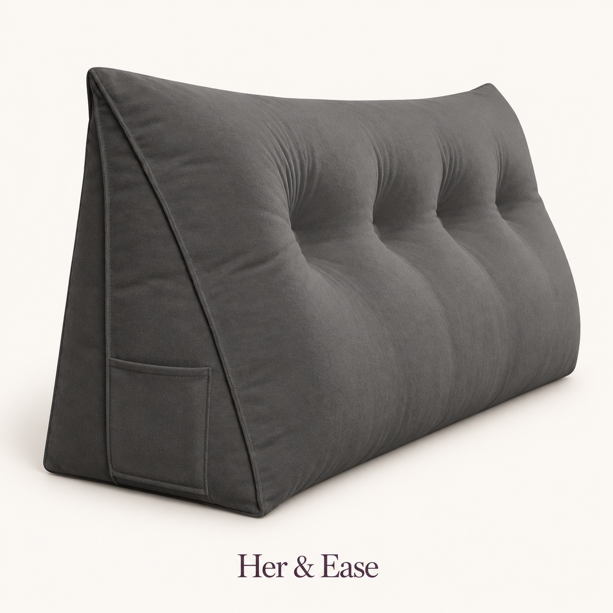 Reading Rest gray triangular reading cushion with tufted buttons and a side pocket