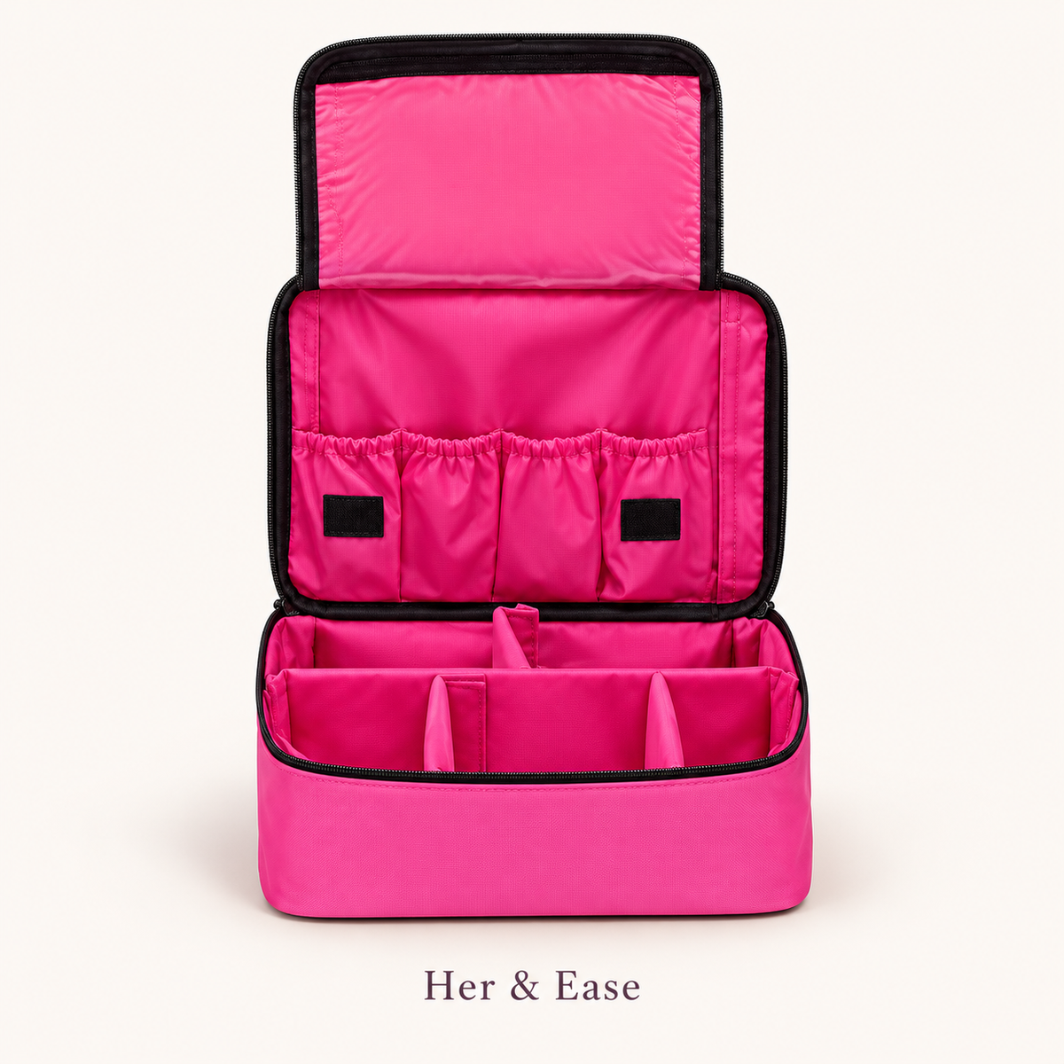 Ready Ritual pink beauty organizer bag with adjustable dividers and brush pockets