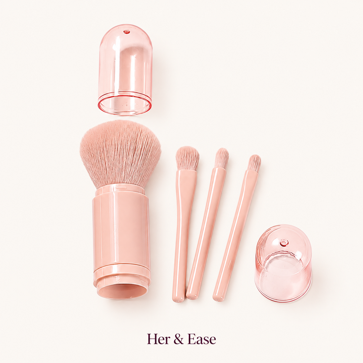 Ready Touch pink 4-in-1 travel makeup brush set with synthetic bristles and protective caps