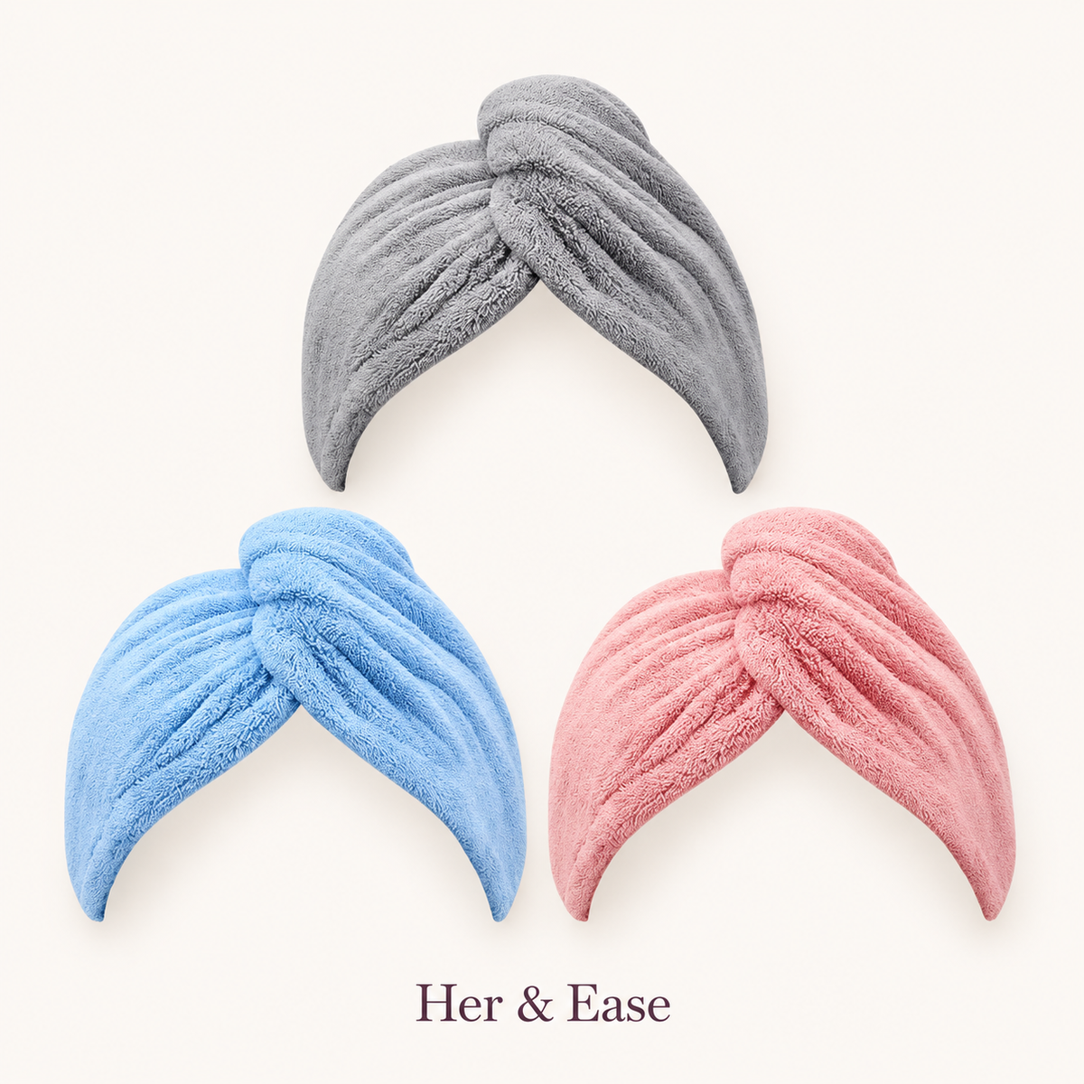 Soft Dry trio of microfiber hair towel wraps in gray, blue and pink