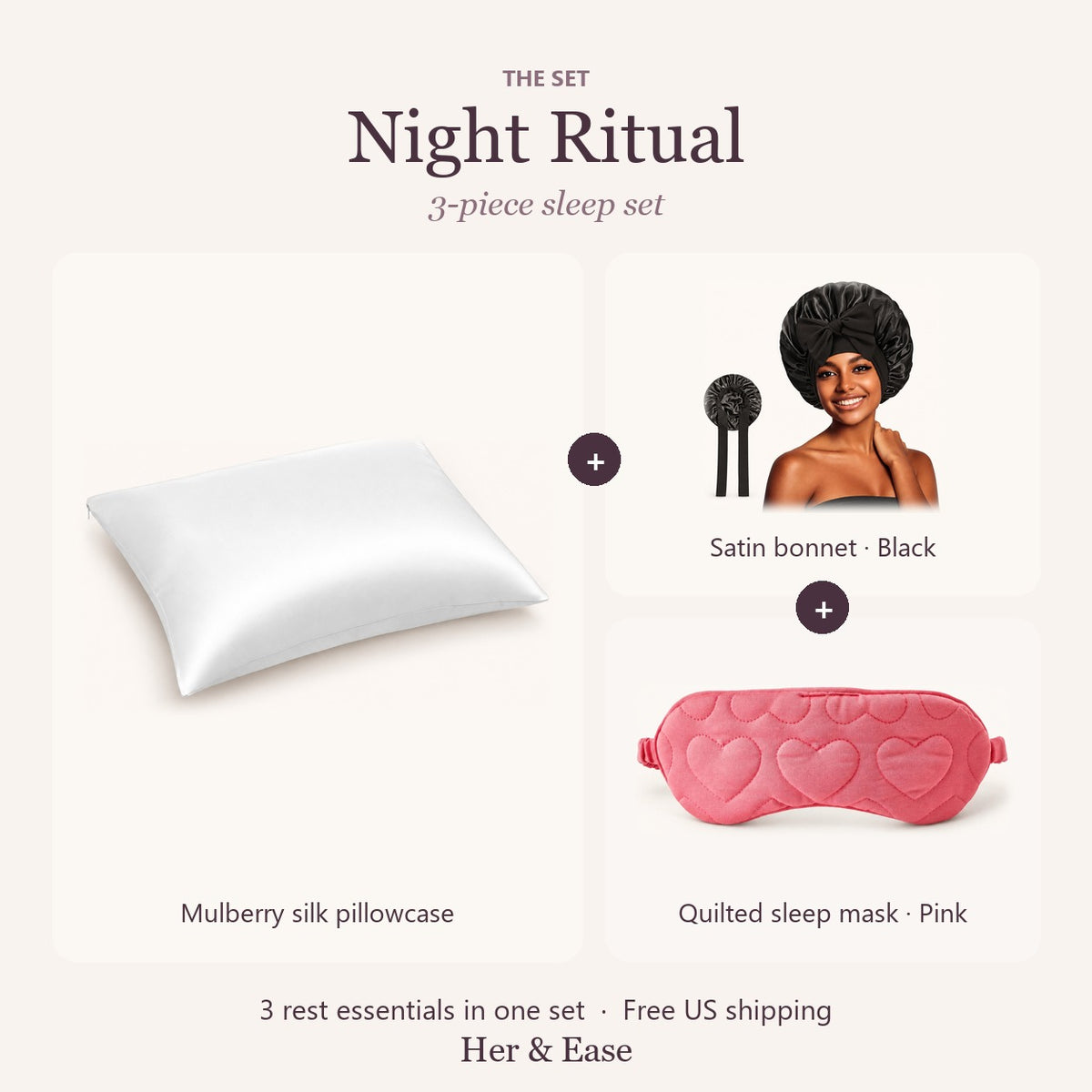 Night Ritual set with black satin bonnet and pink sleep mask