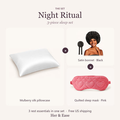 Night Ritual set with black satin bonnet and pink sleep mask