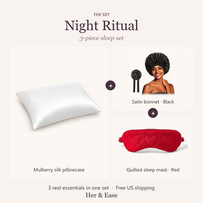 Night Ritual set with black satin bonnet and red sleep mask