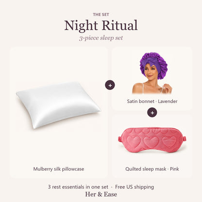 Night Ritual set with lavender satin bonnet and pink sleep mask