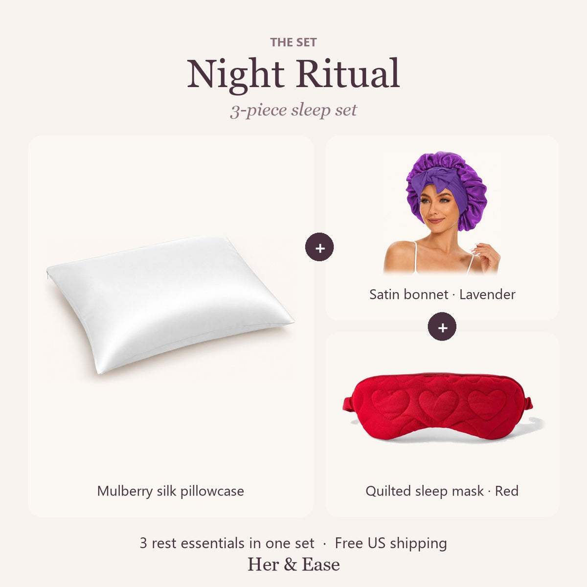 Night Ritual set with lavender satin bonnet and red sleep mask