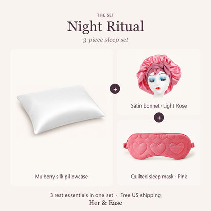 Night Ritual set with light rose satin bonnet and pink sleep mask