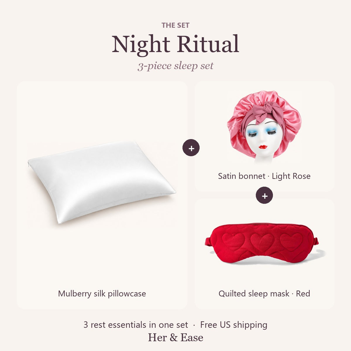 Night Ritual set with light rose satin bonnet and red sleep mask