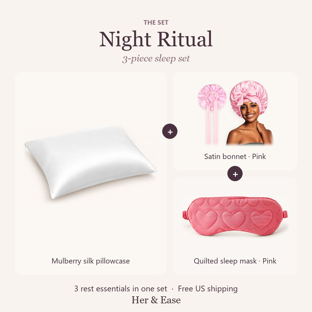 Night Ritual set with pink satin bonnet and pink sleep mask