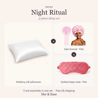 Night Ritual set with pink satin bonnet and pink sleep mask