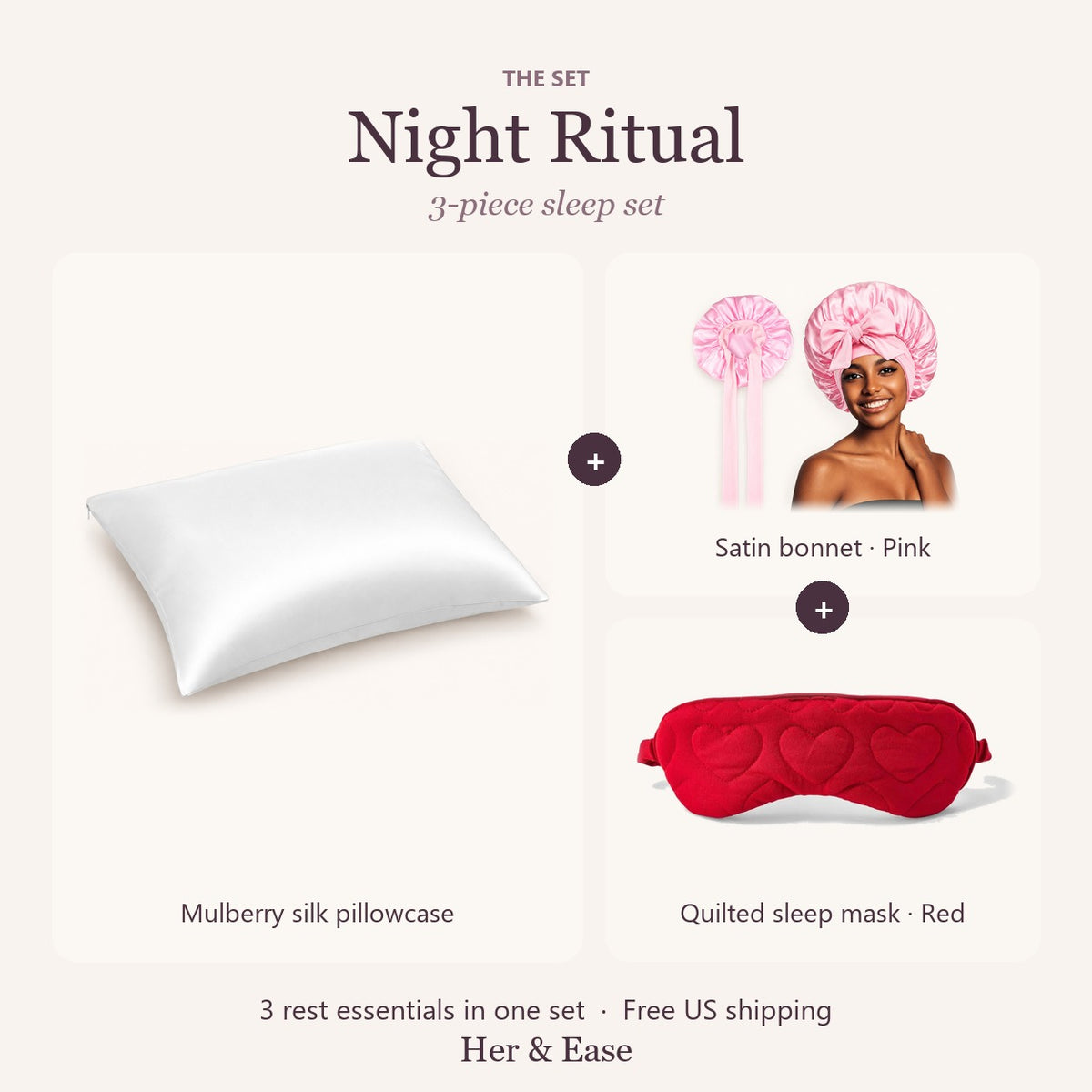 Night Ritual set with pink satin bonnet and red sleep mask