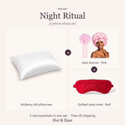 Night Ritual set with pink satin bonnet and red sleep mask